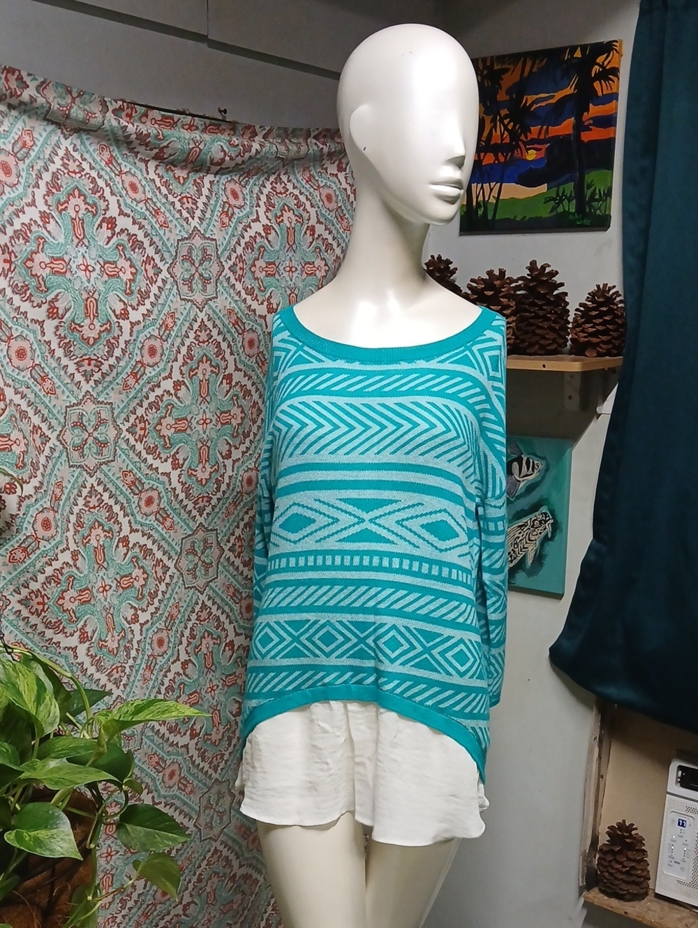 DODO Teal Pattern Sweater High-Low Tunic Top, Size L
